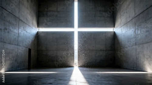 Minimalist Concrete Church Interior with a Cruciform Light Beam Cutting Through Pure Darkness
