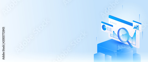 Isometric stock market dashboard data analysis with magnifying glass, charts, data research and financial insight concept web banner.