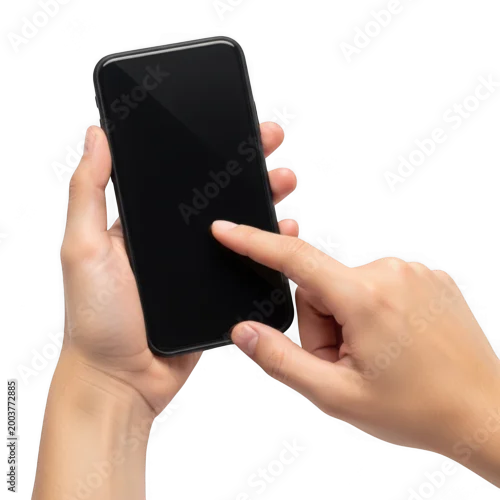 Obraz A person holding a smartphone with their left hand and tapping on the screen with their right index finger isolated on transparent background