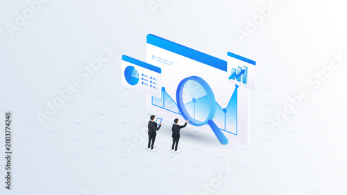 Isometric stock market data analyzing with magnifying glass, business analyzing digital stock market chart concept in blue digital style