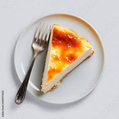 Slice of Cheese Cake on plate top view with transparent isolated on with white background