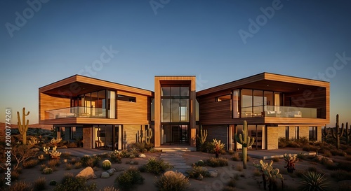 A modern luxury mansion featuring wood cladding and floor to ceiling glass windows in a contemporary two story architectural design