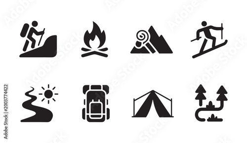 Outdoor adventure icons set with hiking tent campfire mountains backpack and forest path.