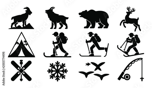 Collection of winter nature wildlife and mountain hiking icons with animals and snow gear.