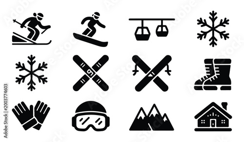 Winter leisure icons set featuring skiing snowboarding ski lift snowflake and winter gear.
