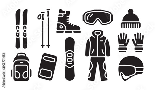 Comprehensive collection of winter sports gear icons for skiing and snowboarding enthusiasts.