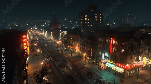 Chinatown street view at night with glowing neon signs and urban city lights.