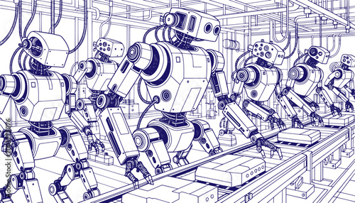 illustration of multiple robots working together on an industrial assembly line
