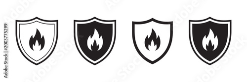 Schilderij op canvas Fire protection vector icons shield and flame emblem burn protect concept fire safety security prevention system hazard control illustration vector 10 eps high quality design
