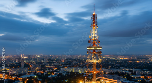 Telecommunication tower with antennas against a twilight city skyline