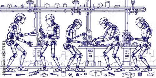 illustration of multiple robots working together on an industrial assembly line
