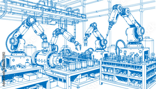 illustration of multiple robots working together on an industrial assembly line