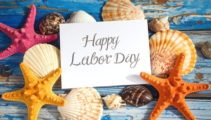 Happy Labor Day card on distressed blue wood with seashells and starfish, rustic summer holiday decoration, beachy vibe, seasonal greeting