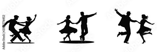 Vintage swing dance couple silhouette set isolated on transparent background. Retro style dancing partners in dynamic poses, perfect for music, jazz, performance, and entertainment themed designs.