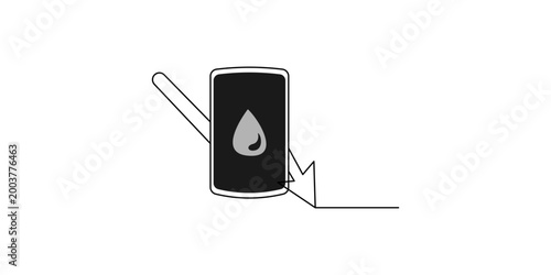 Oil Barrel with Down Arrow Continuous One Line Art, Rising Price Concept, Fuel Market Increase Minimal Vector Illustration