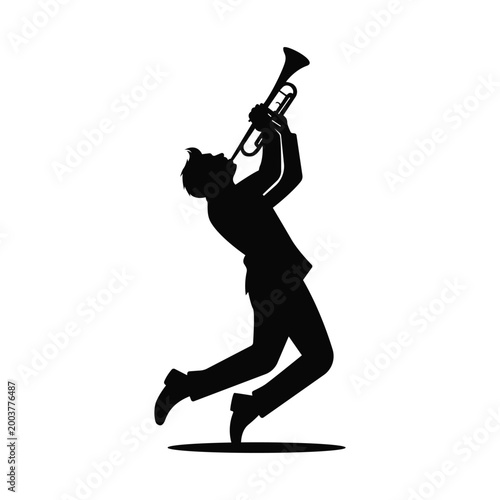 Jazz trumpet player silhouette isolated on transparent background. Musician performing with brass instrument in energetic pose, ideal for jazz, concert, and music themed designs.