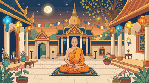A monk meditates peacefully in a serene temple courtyard at night under starry skies