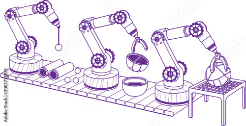 illustration of multiple robots working together on an industrial assembly line