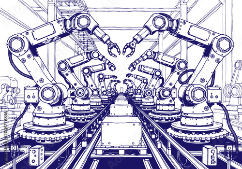 illustration of multiple robots working together on an industrial assembly line