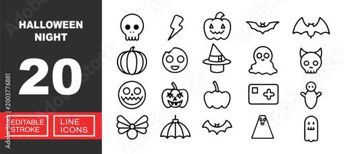 Halloween Night line icon set. Vector pictograms of skull, lightning, pumpkin, bat, vampire, gourd, cookie, hat, ghost, devil, face, jack-o-lantern, squash, grave, voodoo, spider. Editable stroke.