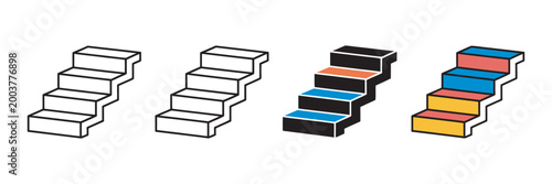 Minimalist stairs icons with transparent background illustrating step by step progress ascent improvement and development concepts for UI design systems and vector illustration.