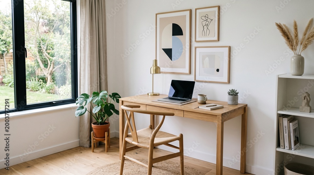 Fototapeta premium Modern home office workspace with wooden desk and chair