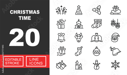 Christmas Time line icon set. Vector pictograms of rockets, tree, berries, sleigh, gift, church, socks, baubles, bell, reindeer, angel, santa, stocking, snowman. Editable stroke.