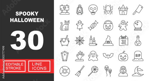 Spooky Halloween line icon set. Vector pictograms of sign, lantern, skull, spider, castle, cleaver, cat, scarecrow, candy, basket, voodoo, orb, cauldron, web. Editable stroke.