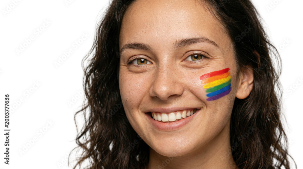 Fototapeta premium Woman with rainbow face paint smiles joyfully, AI, PNG