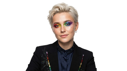 Person wears rainbow eye makeup and a black outfit, AI, PNG
