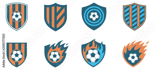 Soccer shield badge collection with football balls flames lightning and target modern sports emblem design for club branding tournament identity and athletic competition logo system.