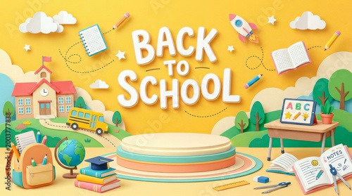 Colorful back to school 3D paper art with school bus, books, pencils, globe, classroom desk, and bright education theme for kids learning banner design.