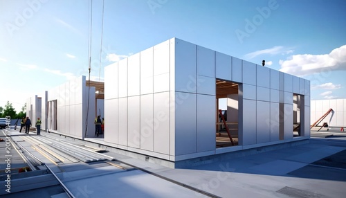 Modern prefabricated building construction site exterior.
