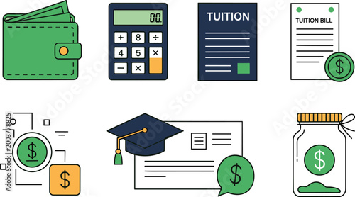 Tuition and education finance icons vector set with wallet calculator bill graduation and savings jar for student payment and budgeting design