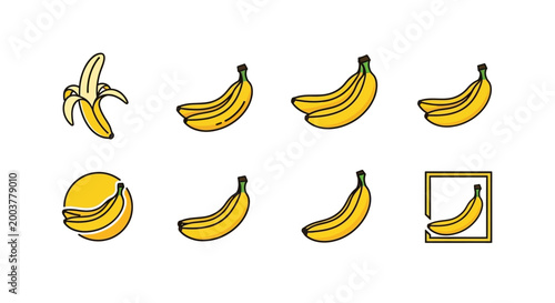 Collection of yellow banana icons in flat line art style