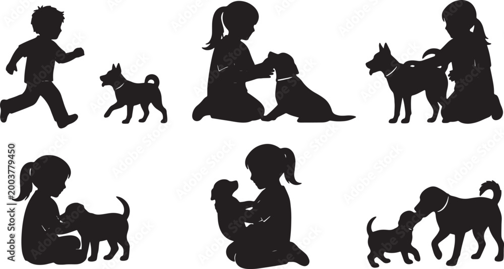 Fototapeta premium Children Playing with Dogs and Pets