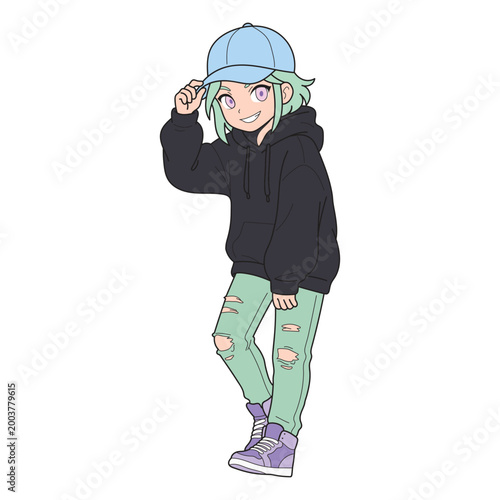 Stylish anime girl in hoodie and cap posing casually with urban streetwear vibe