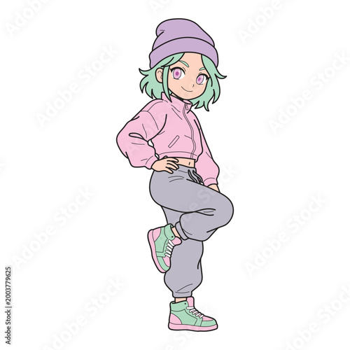 Trendy anime girl in sporty outfit posing confidently with stylish attitude