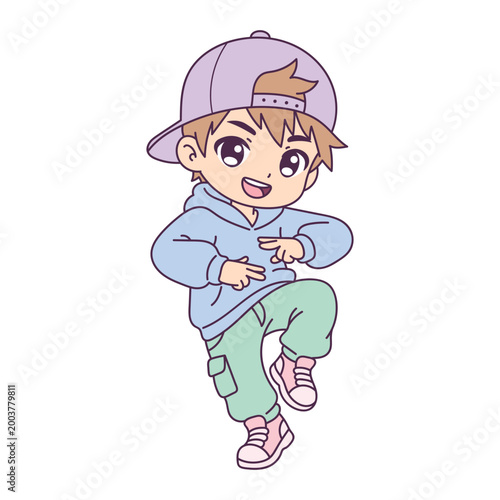 Cute anime boy in hoodie and cap dancing in playful energetic pose