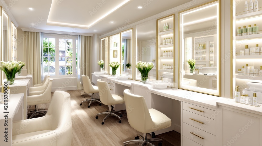 Fototapeta premium A bright and airy beauty salon showcasing elegant decor with stylish mirrors and products