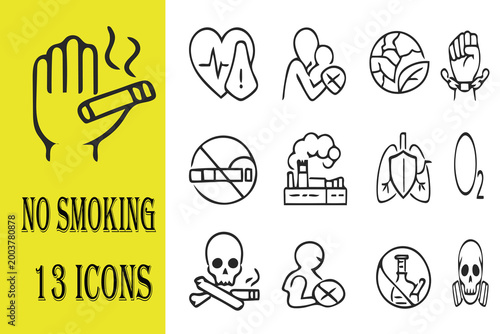 No smoking and public health icon set, 13 black outline vector icons for environmental and personal wellness