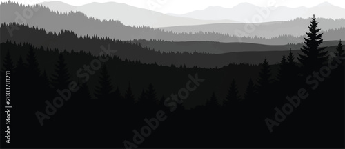 Black Forest Silhouette against Gray Mountains Landscape