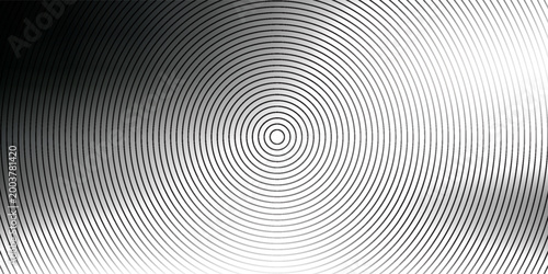 Black concentric circle texture. Radial geometric pattern background. Linear epicenter, radar or target concept. Round rippled ring wallpaper for brochure, template, poster, overlay. Vector backdrop