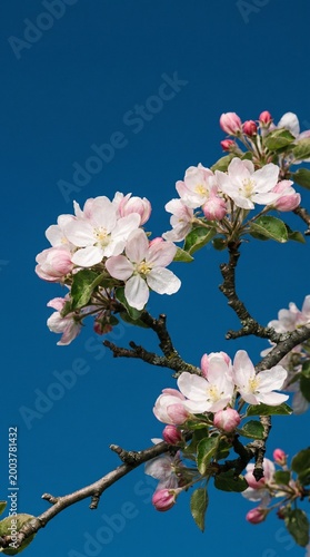 White and Pink Apple Blossoms against Deep Blue Sky