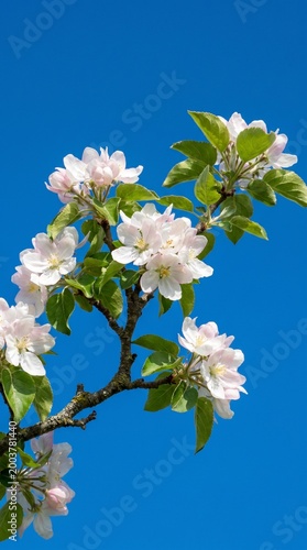 White and Pink Apple Blossoms against Deep Blue Sky