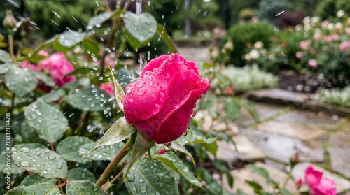 Spring Rain Falling on Vibrant Pink Rosebud with Water Splashing