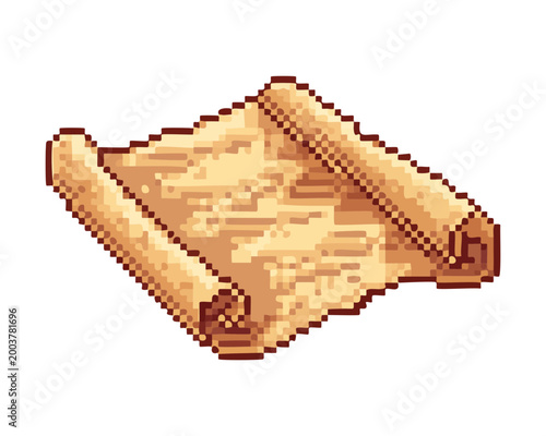 Cuadro en lienzo Unrolled ancient treasure map pixel art for pirate adventure games and discovery