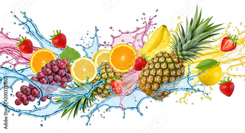 Colorful fruit mix with splashes isolated on transparent background