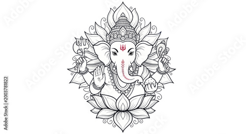 Lord Ganesha illustration, Hindu god, elephant head, auspicious symbol, lotus flower, divine art