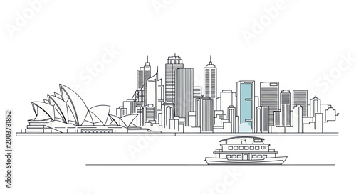 Sydney Skyline Sketch with Opera House and Ferry Boat